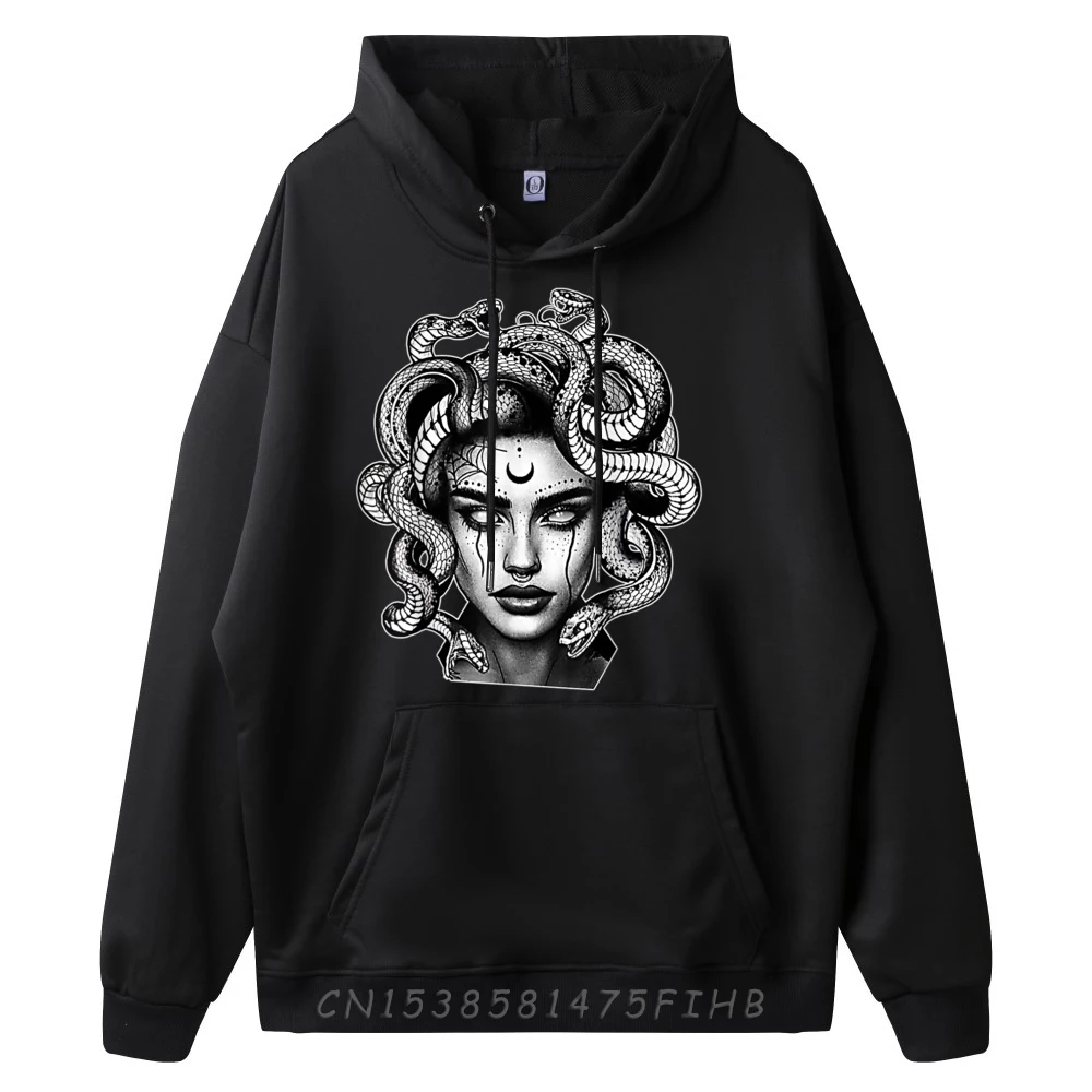 Tattooed Medusa Greek Mythology Blackwork Men's Long Sleeve Hoodies Cool New Year Day Hoodies Crazy Hoodies Graphic Crew Neck