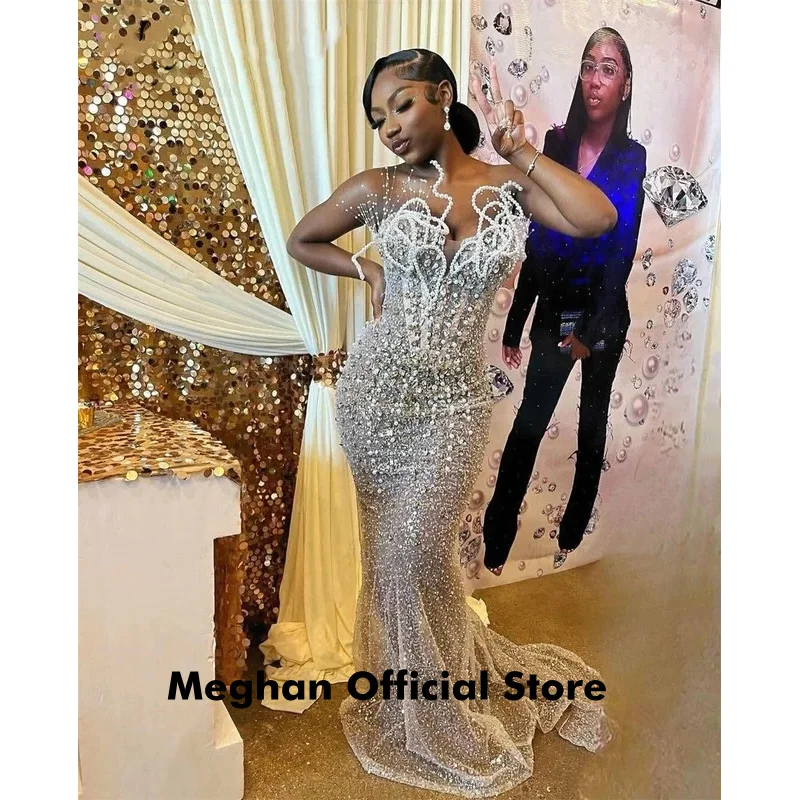 سباركلي مطرز فساتين لحضور الحفلات الموسيقية 2025 فاخر حورية البحر ثلاثية الأبعاد اللؤلؤ مشد Aso Ebi حفل زفاف عيد ميلاد ثوب مسائي رسمي مخصص