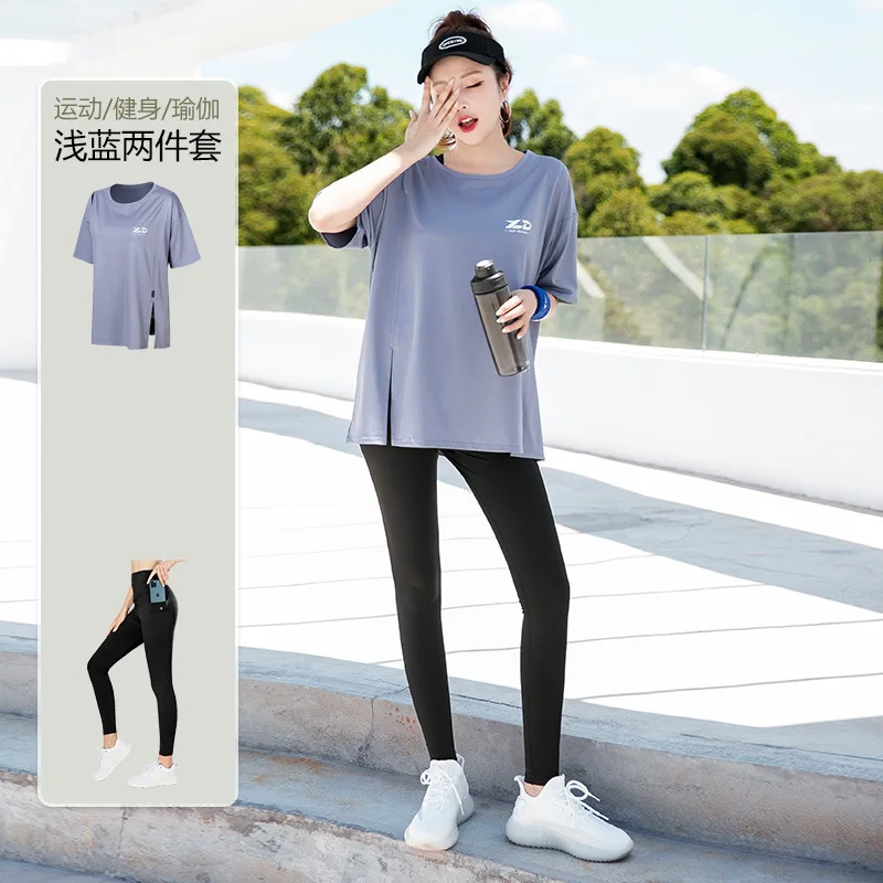 Workout Running Sportswear T Shirts+Leggings Women Yoga Two Piece Set Fitness Gym Tracksuit Clothing Breathable Elastic Sets