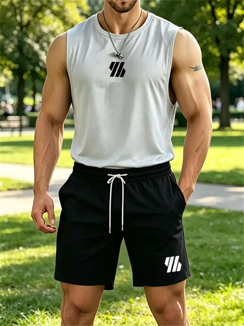 2026 new Men's Brand Vest Two-piece Fitness Running Sportswear Fashionable Printed Round Neck Vest/Breathable Shorts Sets - view 6