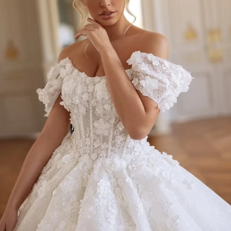 

Shiny white Wedding Dresses glitter beading decal off-shoulder 3D flower Bridal Gowns multi-layer Made Customized