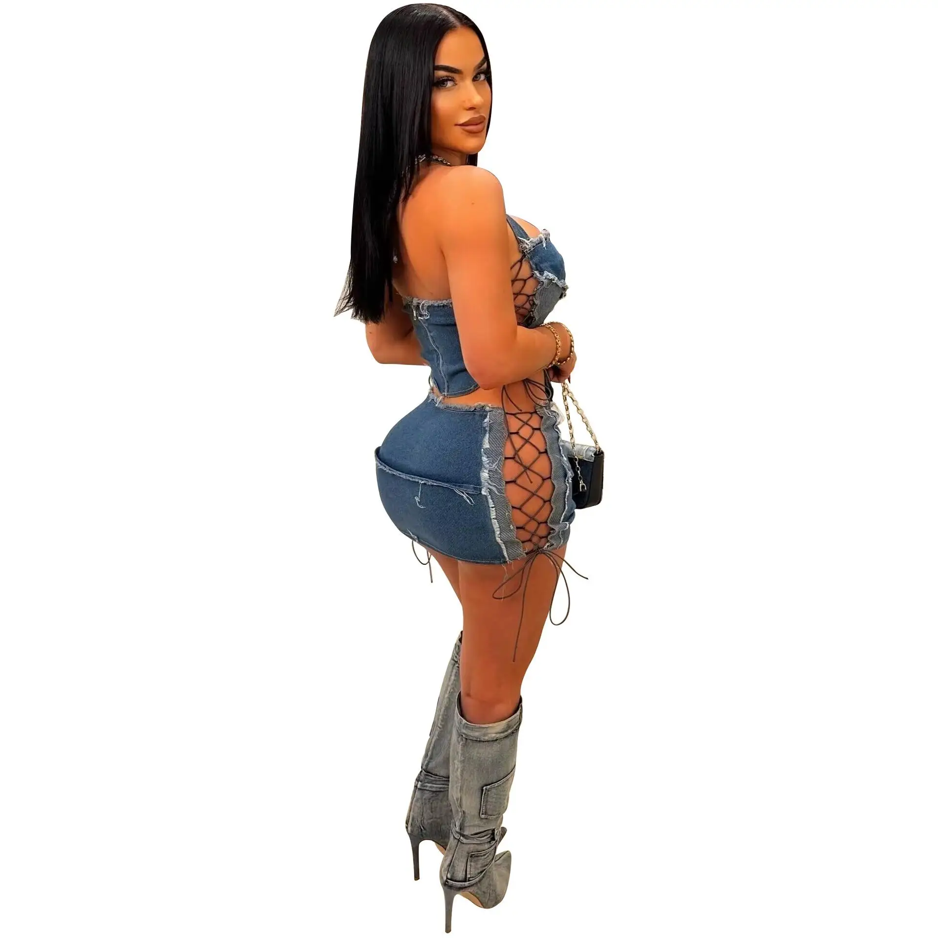 

Women's Denim Double Wrapped Chest Tie Ne Hanging Faion Set Tee-piece Suit No Brand Registered Trademark YZ359