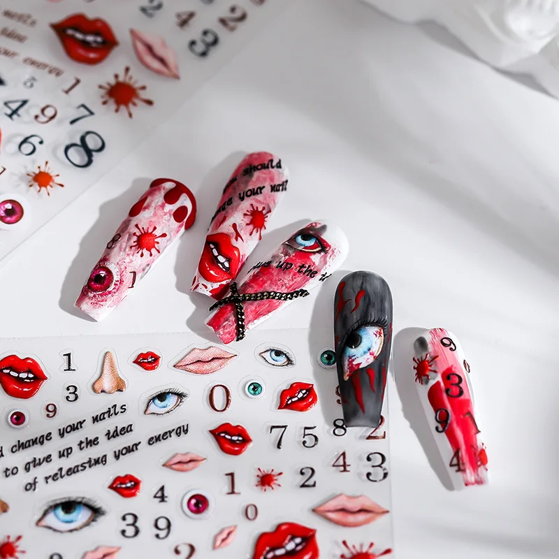 1 Sheet 5D Realistic Relief Broken Red Beauty Blooding Lip Nose Eye 0-9 Number Adhesive Nail Art Stickers Decals Manicure Charms