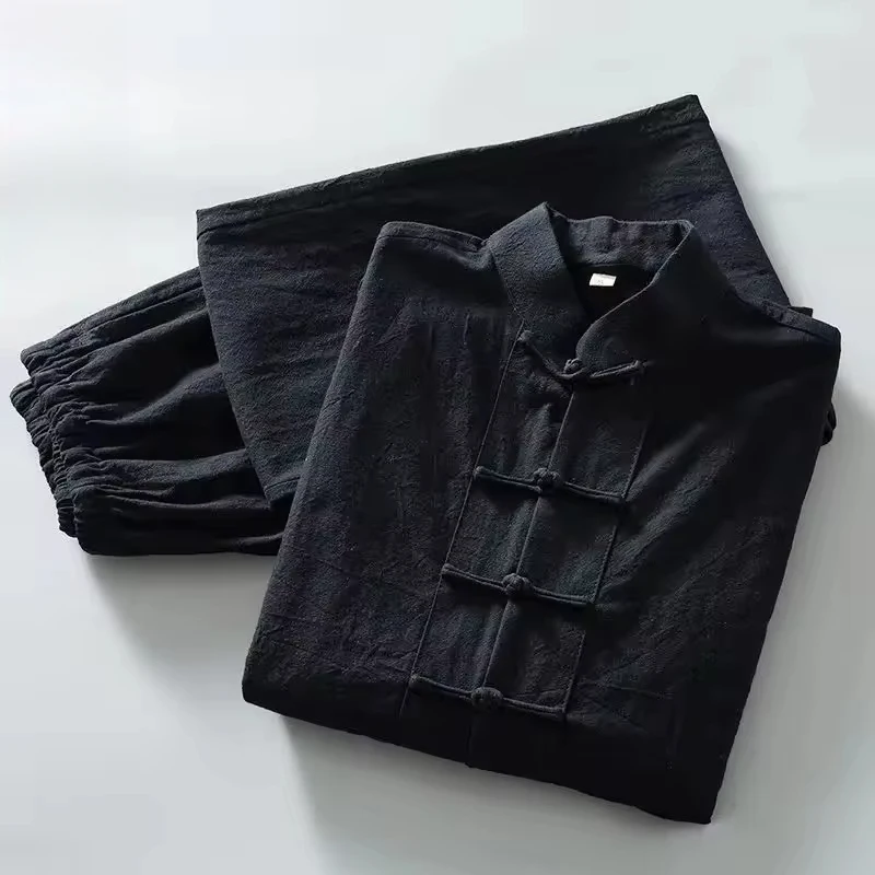 New Autumn Cotton Linen Long Robe Set for Men Chinese Style Long Sleeve Outfit Comfortable Wear for Middle-Aged and Elderly Dads