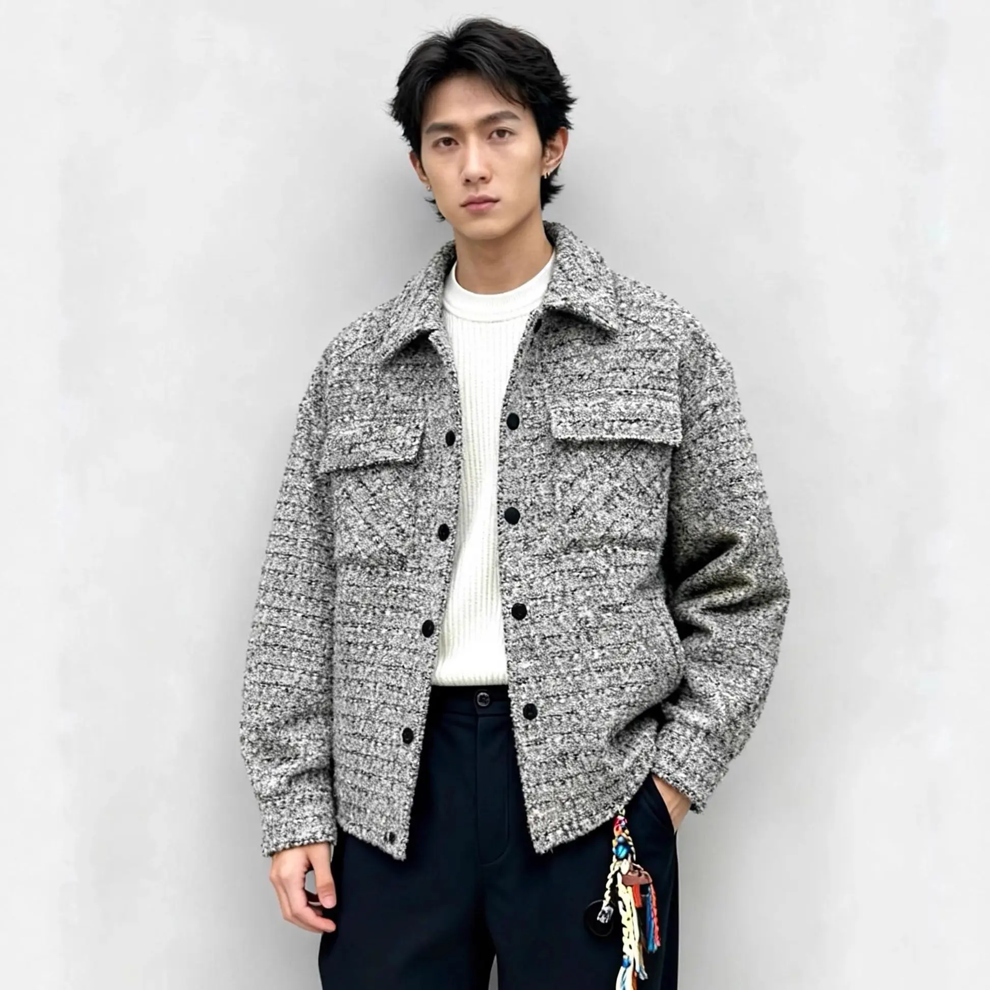 

Men's Woolen Quilted Jaet Winter Warm Stand Collar Faionable Ci Casual Sle Long Sve Zipper Closure ort Length