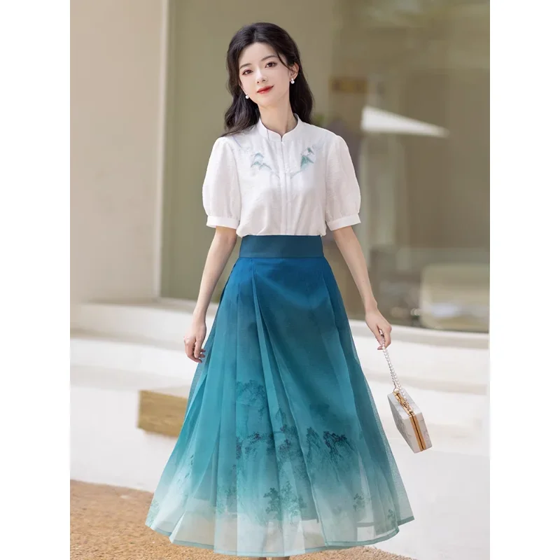 ChiXia Original Tencel Embroidery Short Sleeved Top Shirt Blue Horse Face Skirt Women 2023 Summer Improved Modern Hanfu Dresses