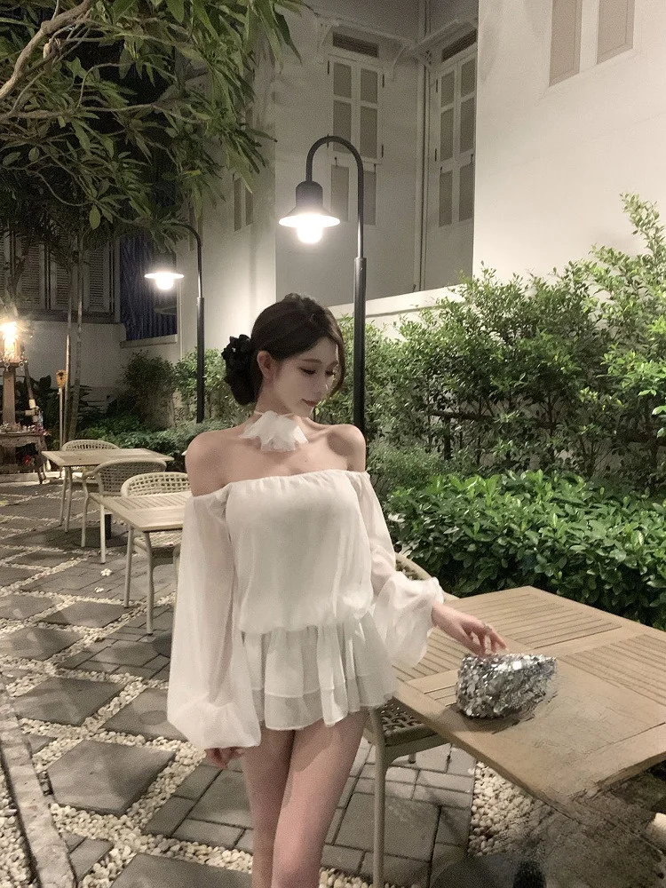 

Kubiliv Thin Mist Girl iny Lace One oulder Lantern Sve Bubble Cloth Slimming Chiffon Top Korean Sle Long Sve irt