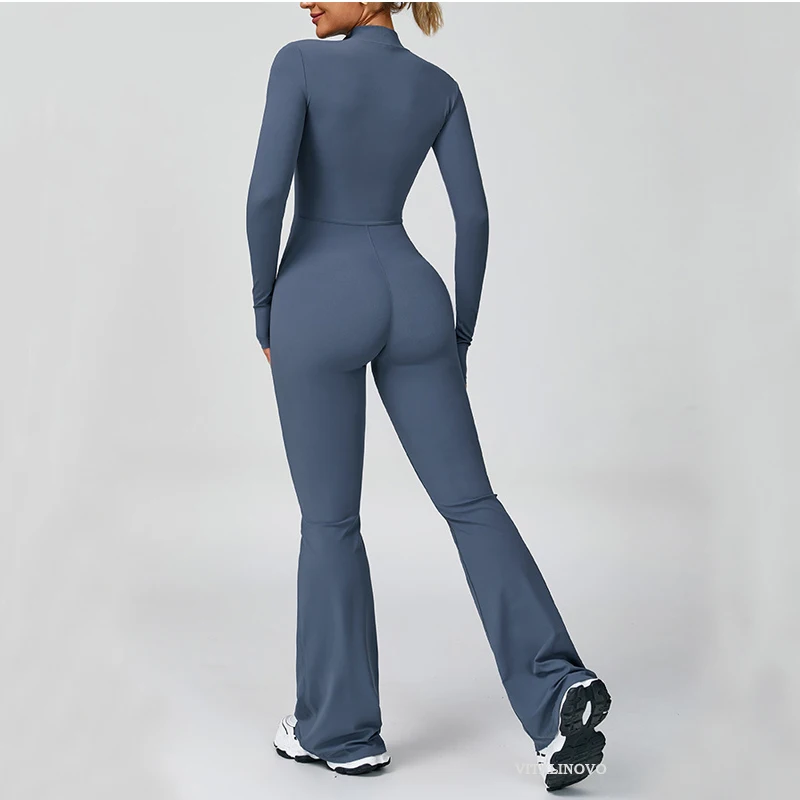 VITALINOVO Damen-Overall mit langen Ärmeln, Flare-Workout-Overall, Reißverschluss, Strampler, Hose, weites Bein, Ganzkörper-Body, figurbetont, einteilig – Detail 21