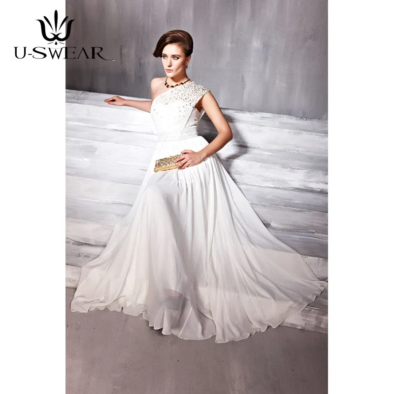 Classic Ivory Evening Dresses One-Shoulder Sleeveless Prom Dresses Lace Beading Women Long Evening Gown Robe De Soiree