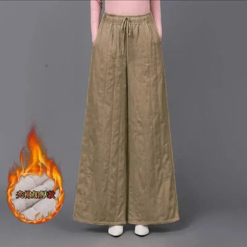 

Новые теплые зимние брюки для женщин: эластичный пояс, утепленные, на хлопковом наполнителе, свободные, прямые, стеганые, с широкими штанинами, большие размеры