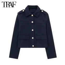 TRAF Cropped Jackets 2024 Women Office Button Tweed Jacket for Women Long Sleeve Bomber Jacket Woman New in Coats and Jackets