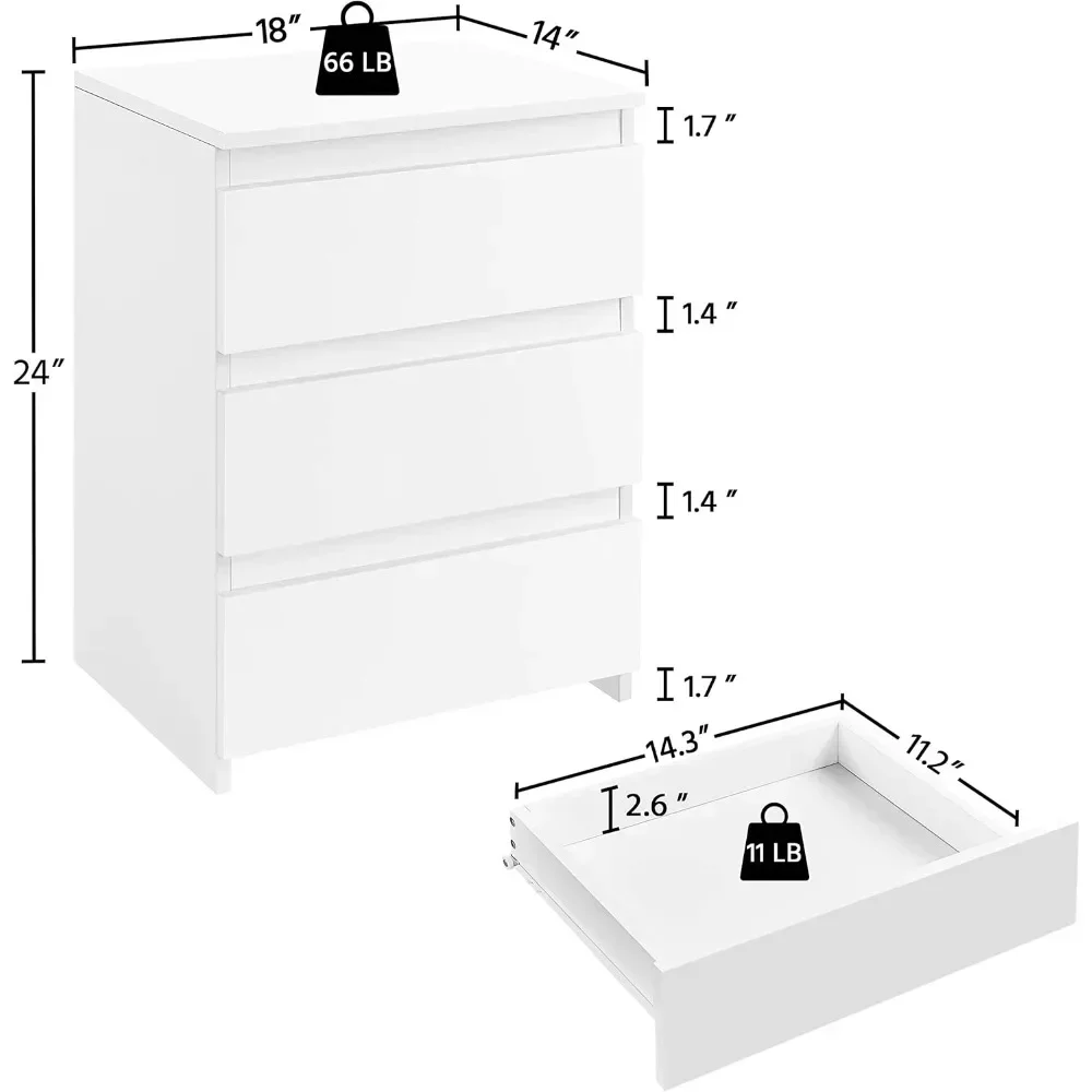 2 шт. прикроватные тумбочки с 3 ящиками, белые прикроватные тумбочки с местом для хранения, современные прикроватные тумбочки с прочным основанием