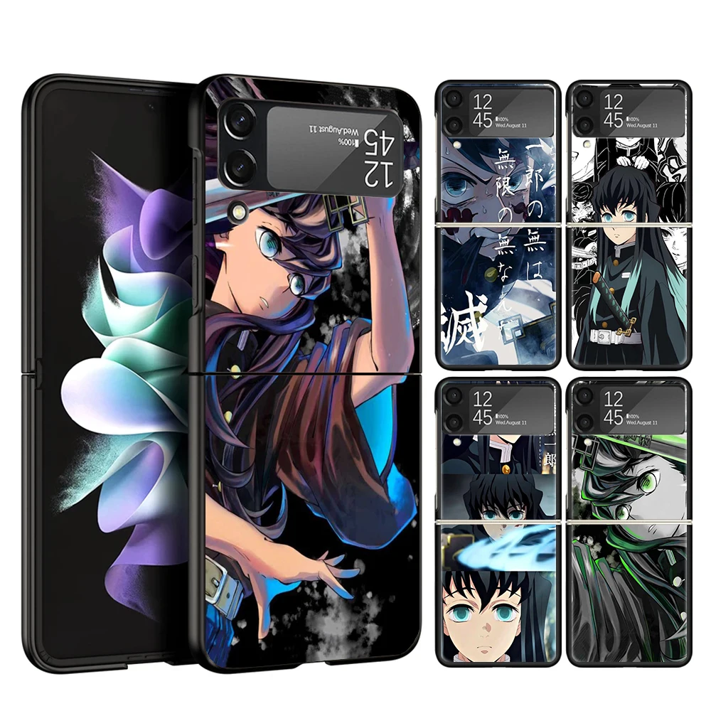 Demon Slayer Tokitou Muichirou Cover Phone Case For Samsung Galaxy Z Flip 6 5 4 3 5G Flip6 Flip5 Flip4 Flip3 Black Hard Fundas S