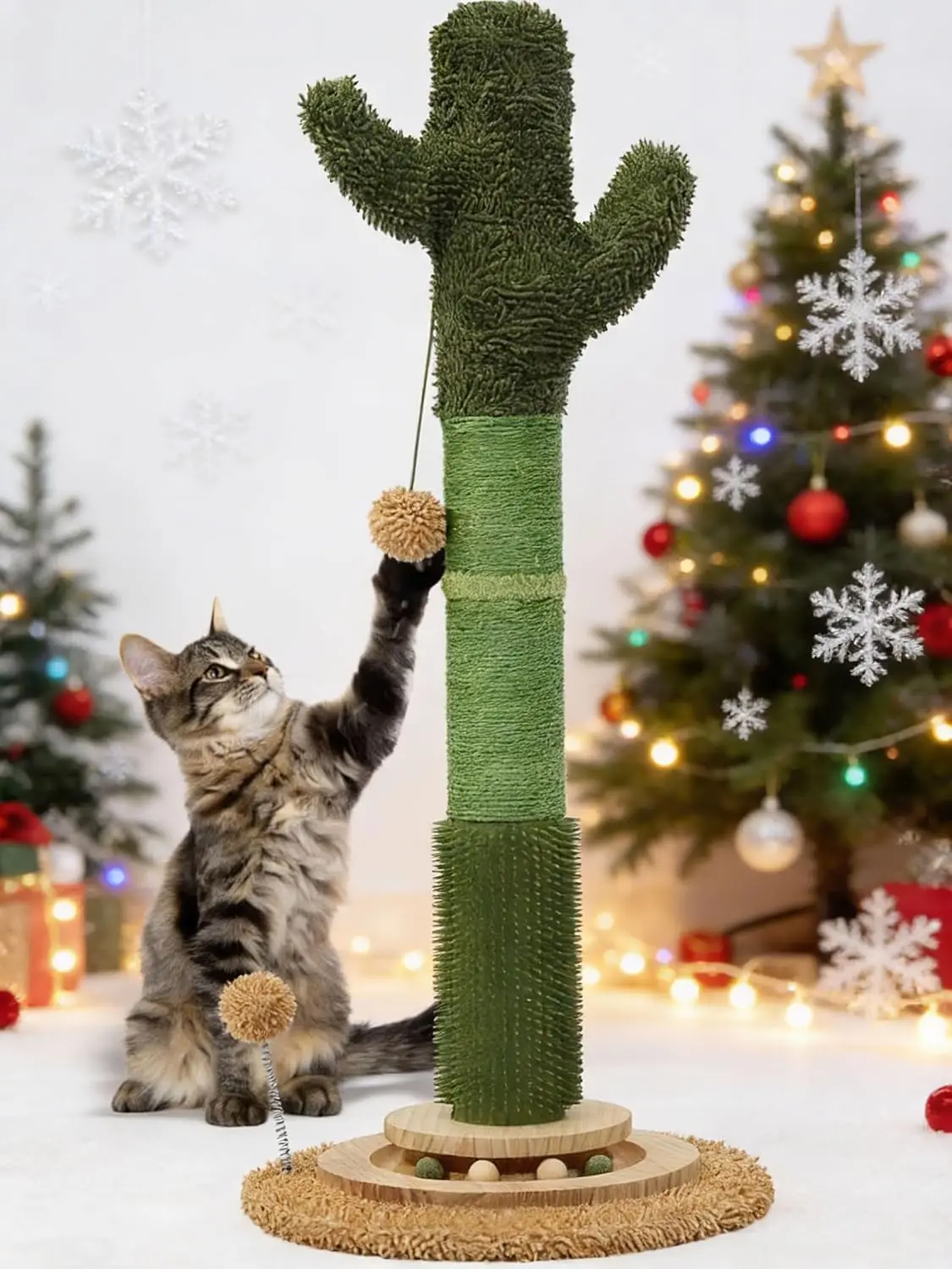 

36" Tall Cat Cactus Scratching Post, Natural Sisal Rope Cat Scratcher Post, Vertical 6-in-1 Interactive Turntable Cat Sc