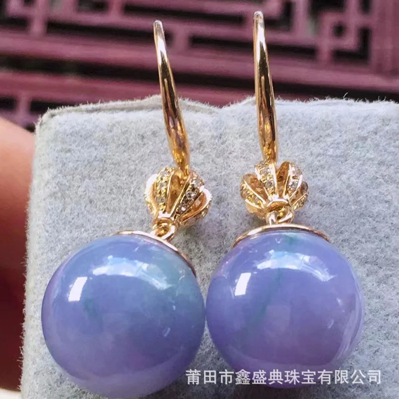 Wholesale Myanmar Natural a-Level 18K Ice Purple Ball Bead Earrings Jade Jewelry with Certificate