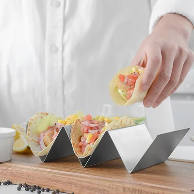 4PCS Stainless Steel Taco Holder Stand Rack Mexican Food Serving Tray Stands Hold Up To 3 Tacos, Burritos, Hot Dog,