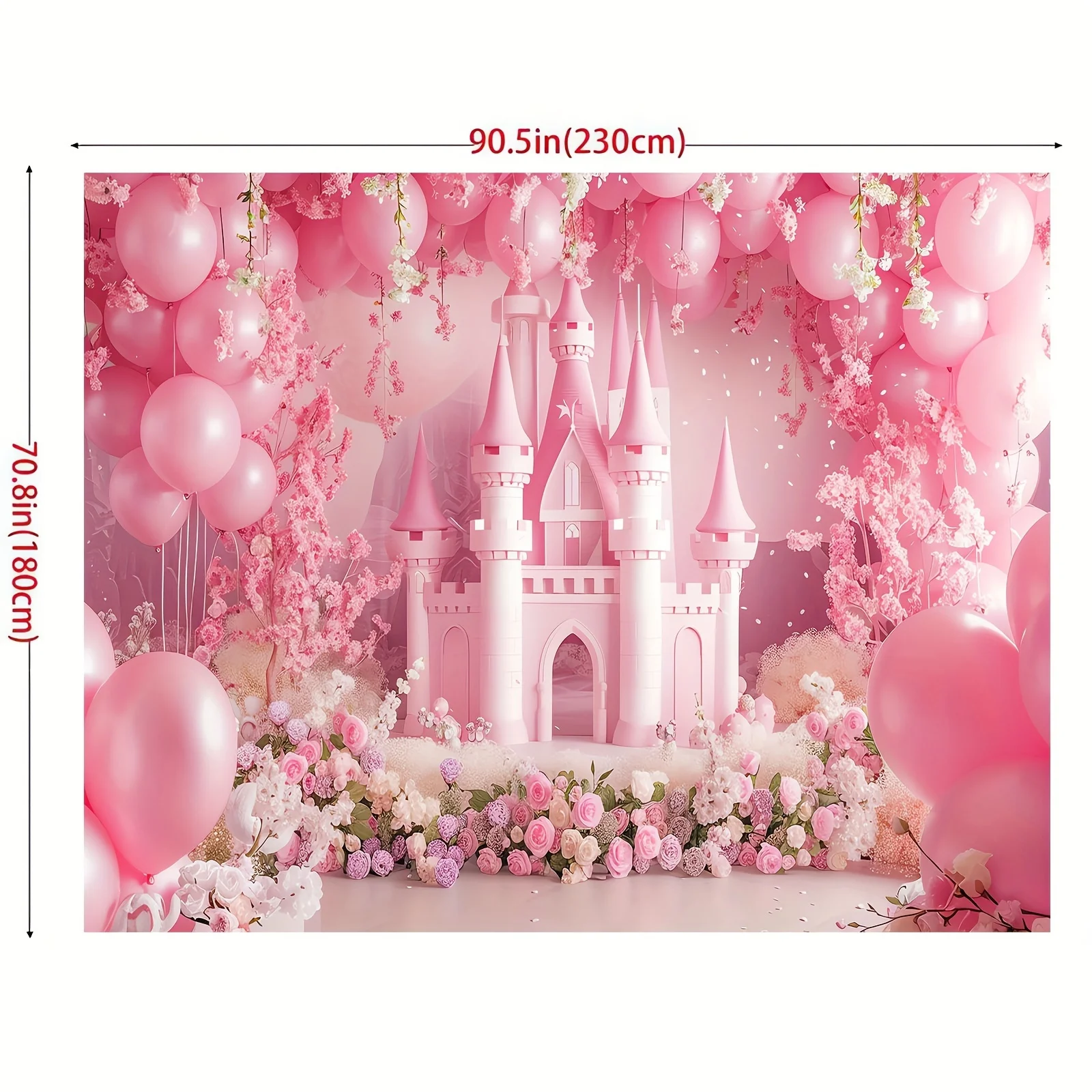 Fond de fête de princesse château rose, fête d\'anniversaire avec ballons arqués et motif floral