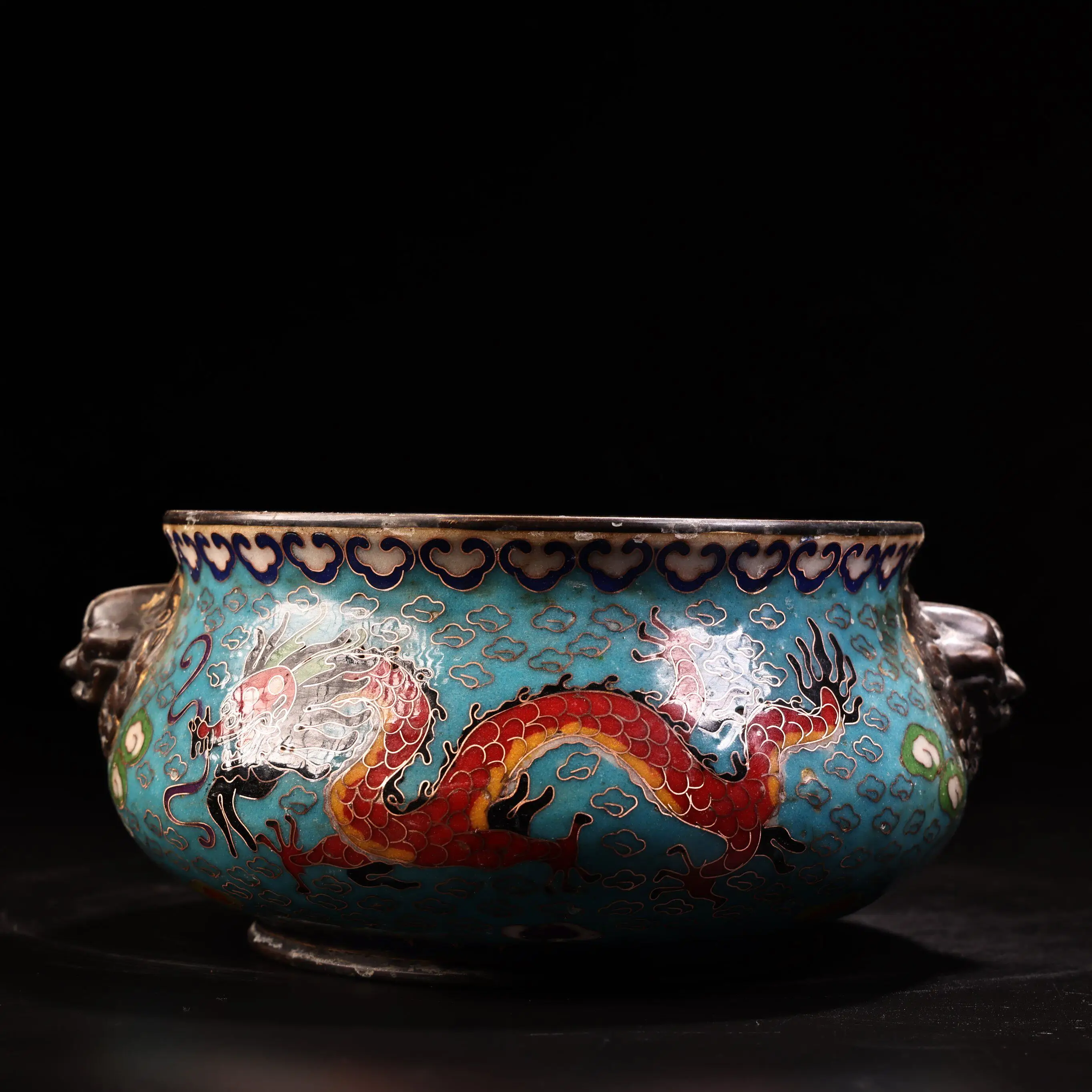 Vintage Chinese Copper Cloisonne Incense Burner with Tiger Head Handles Heavy Patina Exquisite Style Fine Craft Collectible