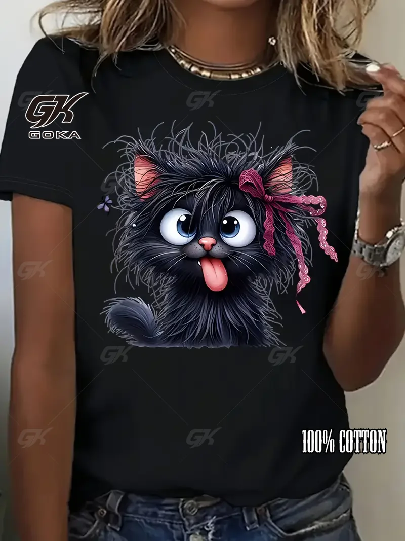 

Женская забавная футболка с рисунком жареного кота и игривым бантом, с принтом бабочки, женская футболка с короткими рукавами, одежда, футболка