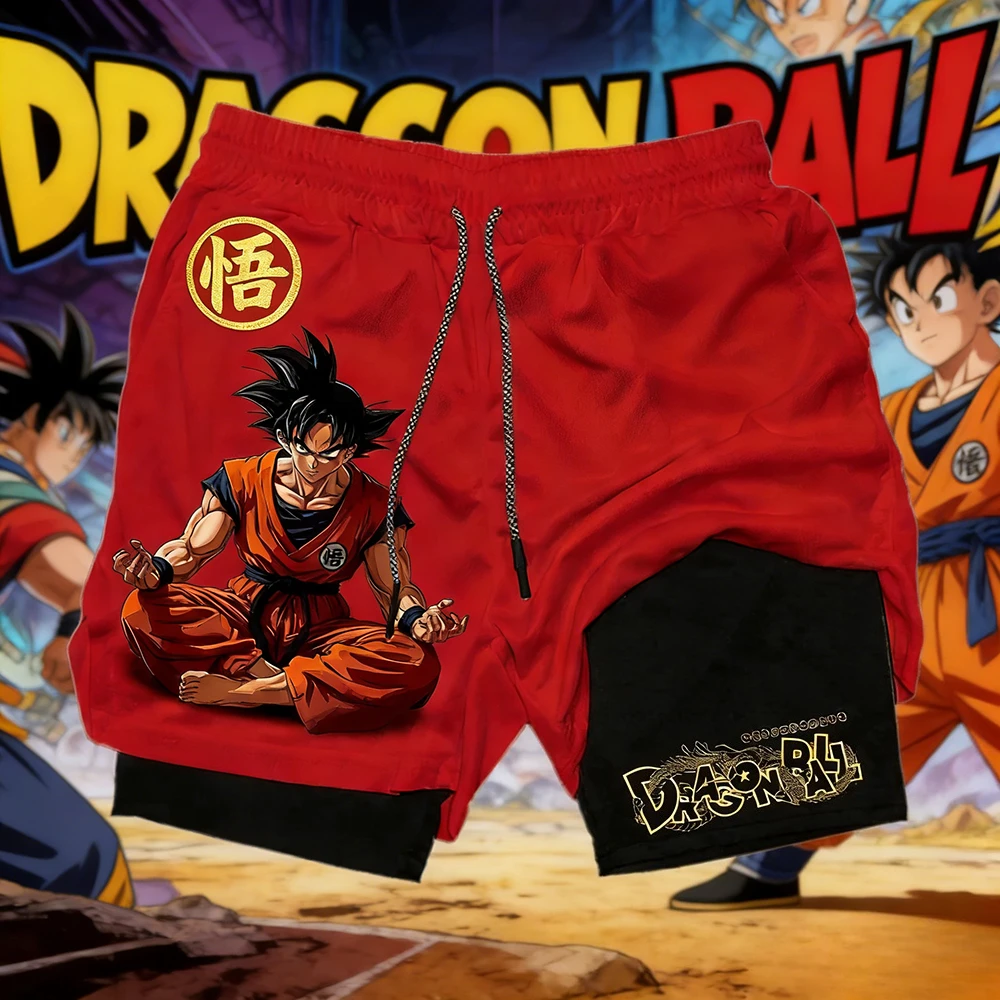 

2026 New Summer Japanese Cartoon Print Dragon Ball Goku Anime Gym Shorts Men Double-layer 2-in-1 Sports Pants Beach Pants