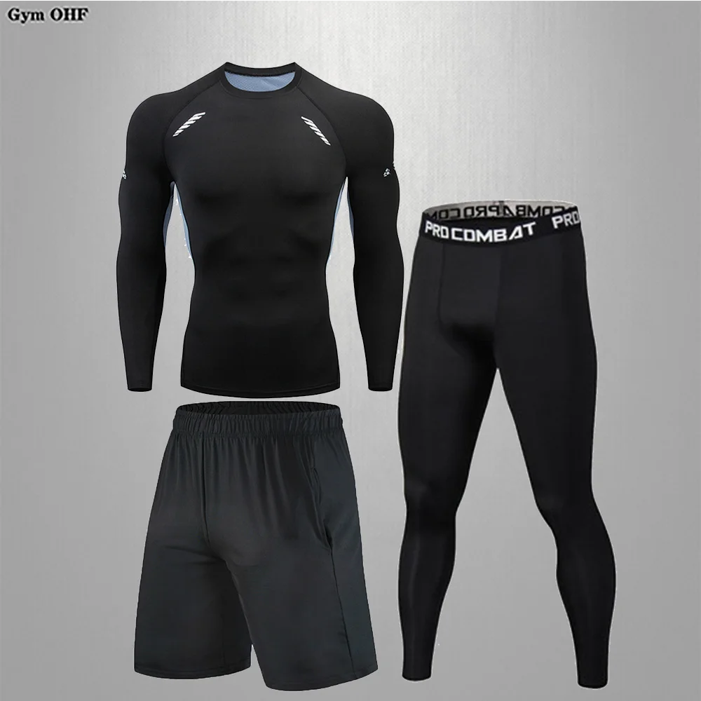 Men's Set Fashionable High Elasticity Compression Tight Fitting Breathable Sweat Absorb Quick Drying Milk Silk Jogging 3pcs Suit