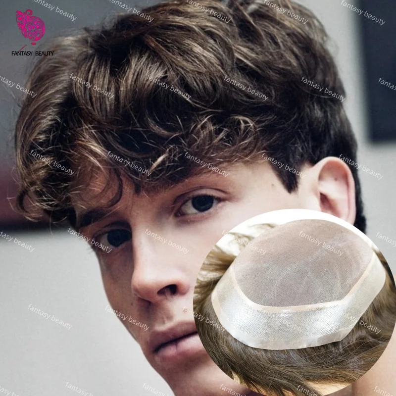 

Natural Frontline Fine Mono men toupee Durable #1B#4 Black Brown Human Hair Double Knots 30MM wave/Straight Hair Prosthesis