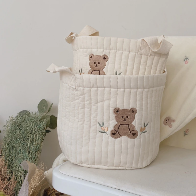 INS Baby Bags Cute Bear Embroidery Diaper Bag Caddy Nappy Cart Storage Mummy Maternity Bag for Newborn Diapers Toys Organizers