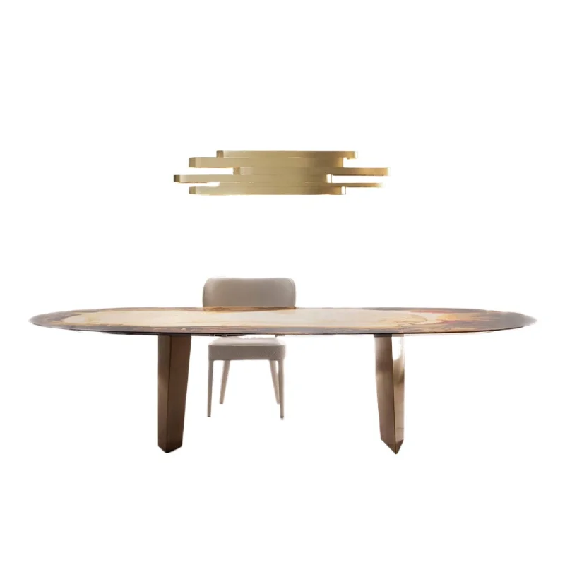 

Wabi-sabi style marble dining table and chair combination modern and simple home light luxury stainless steel oval dining table