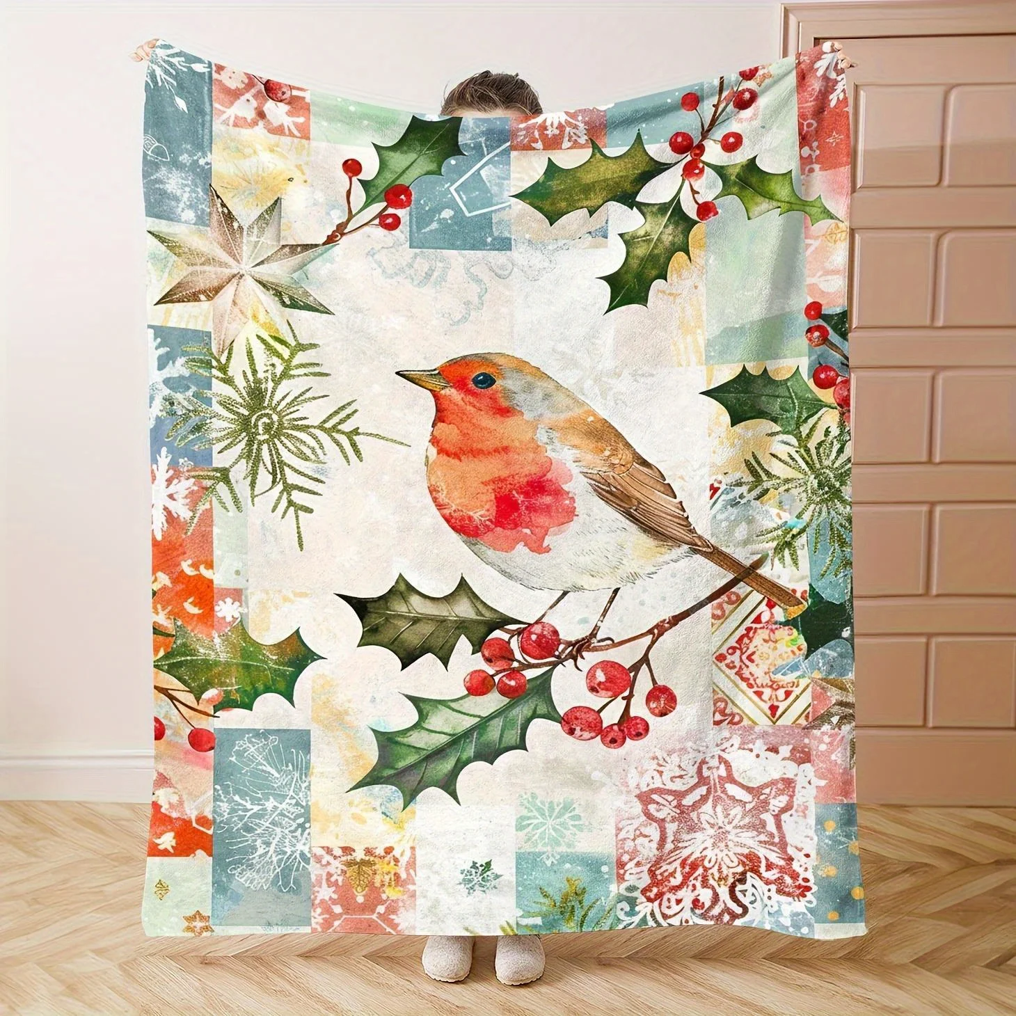 Christmas Throw Blanket Soft Warm Flannel - Lightweight  Indoor/Outdoor Use - Holiday Decor with Holly, Robin, Teal