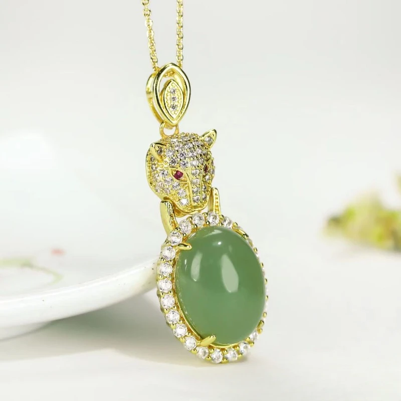 Natural Jade Dongling Jade Leopard Head Water Drop Egg Surface Sweater Chain Pendant