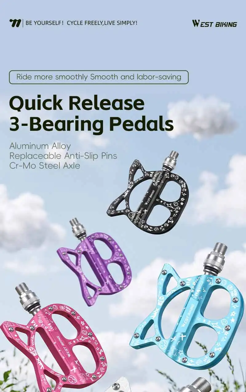 WEST BIKING Schnellspannpedale für Falträder, Katzenform, Aluminiumlegierung, rutschfeste Pedale, Fahrradzubehör für Frauen und Mädchen – Detail 1