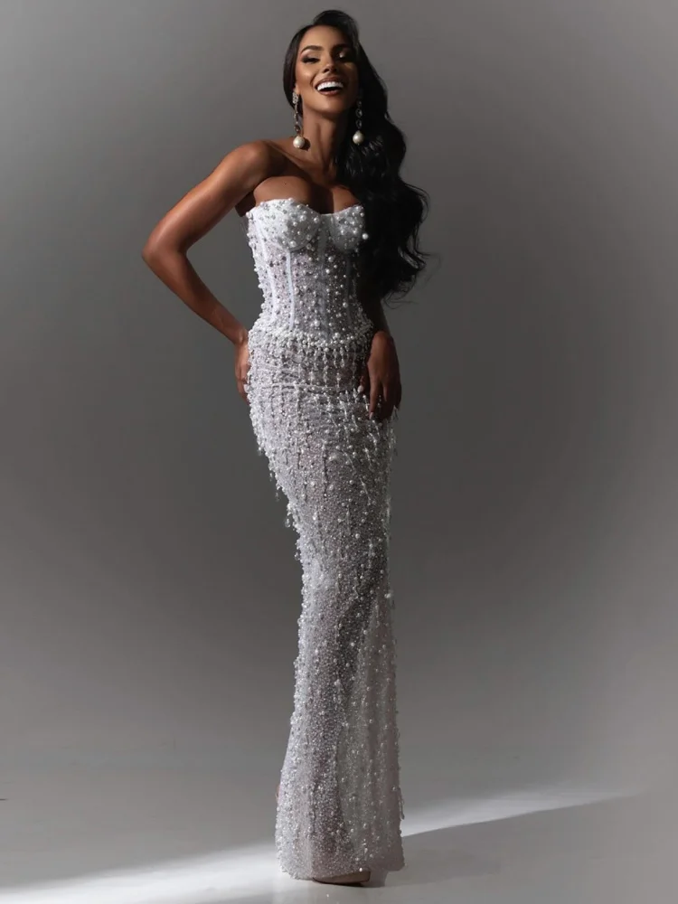 Luxury Crystal Beaded Evening Dresses – Elegant Sleeveless Bustier Pearls Long Prom Dress Wedding Party Maxi  Vestidos