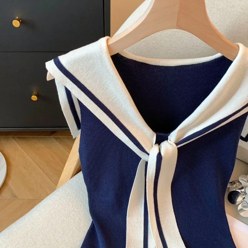 كلية بحار طوق التباين رقيقة محبوك تانك الأعلى المرأة الخامس الرقبة أكمام التخسيس قميص الصيف المرقعة المحملة #4