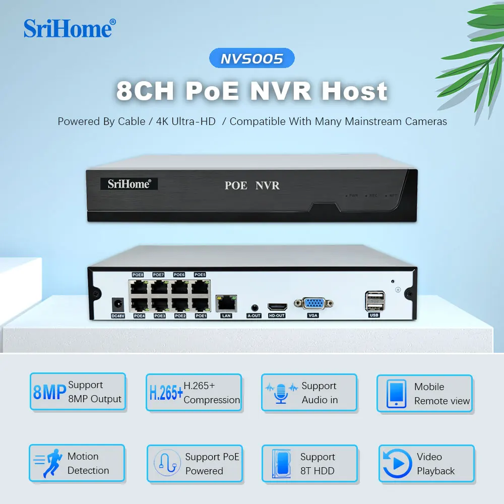 

SriHome 8CH POE NVR Smart Home H.265 Video Surveillance Security CCTV Camera System Max 8TB HDD HDMI 4K Output Easy Installation