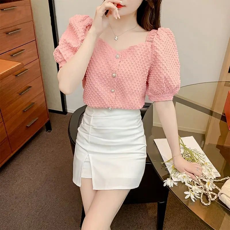 Fashionable Retro Square Collar Short Sleeve Women's Shirt Bubble Sleeve Chiffon Top Korean Style Design Sensation  Market