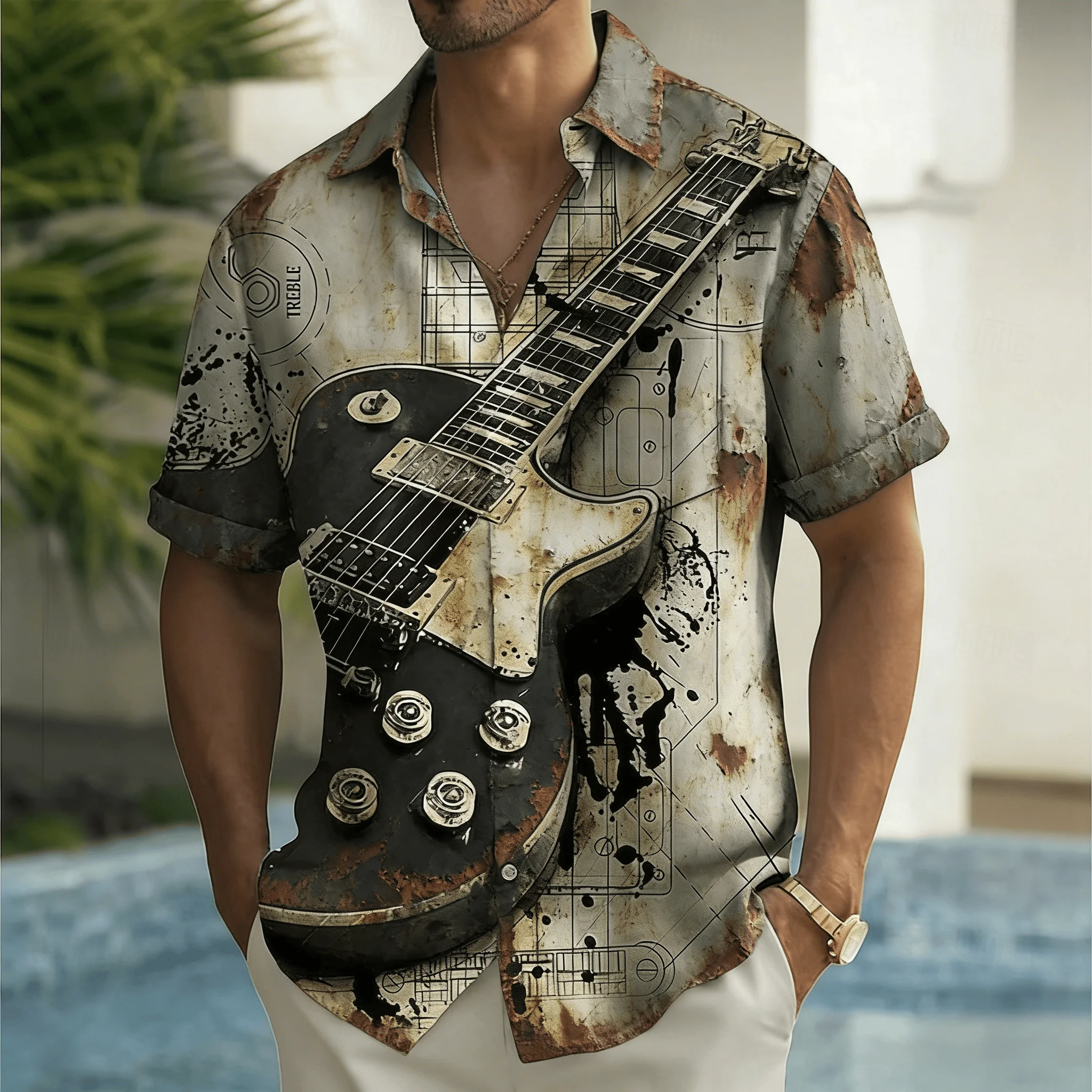 

Men's Vintage Electric Guitar Print Short Sleeve Shirt, Worn-out Blueprint Style Design Button Down for Spring Summer Casual