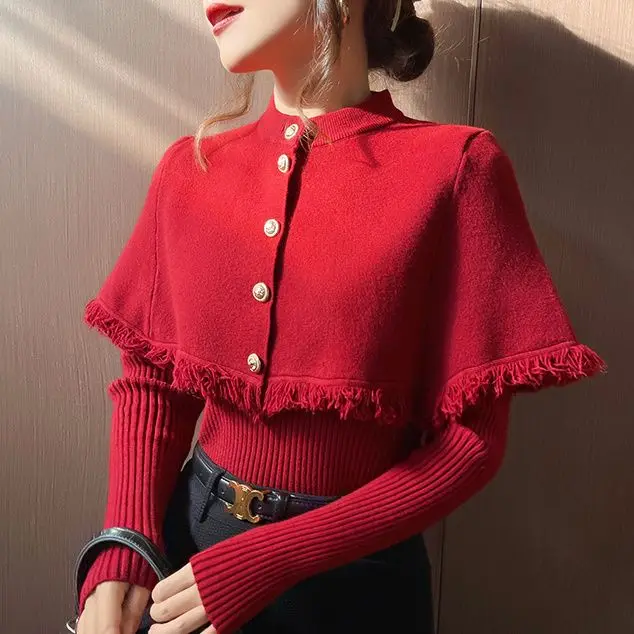 Tassel Cape Shawl Sweater Two-piece Set 2023 New Autumn and Winter Soft Waxy Style Top Long-sleeved Knitted Jacket