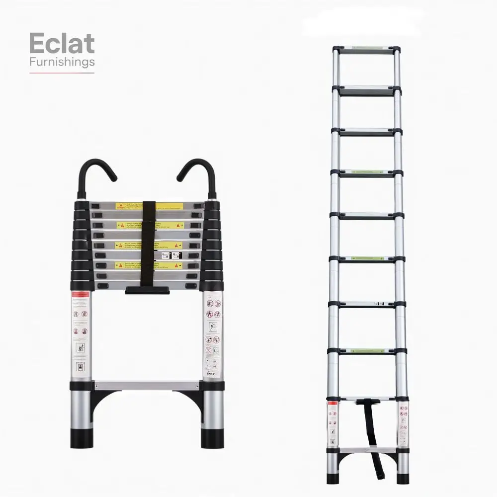 

Telescopic ladder, 9.5 foot aluminum button telescopic ladder with 2 triangular stabilizers and hooks, multi-purpose ladder,