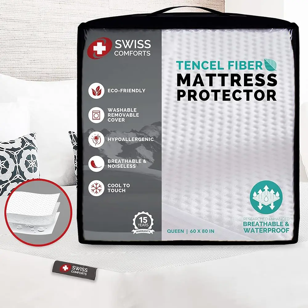 

100% Waterproof Mattr Protector Queen Size - Tencel Mattr Cover | Naturally Cooling, Breathable & Noisel | Soft Fitted Bed