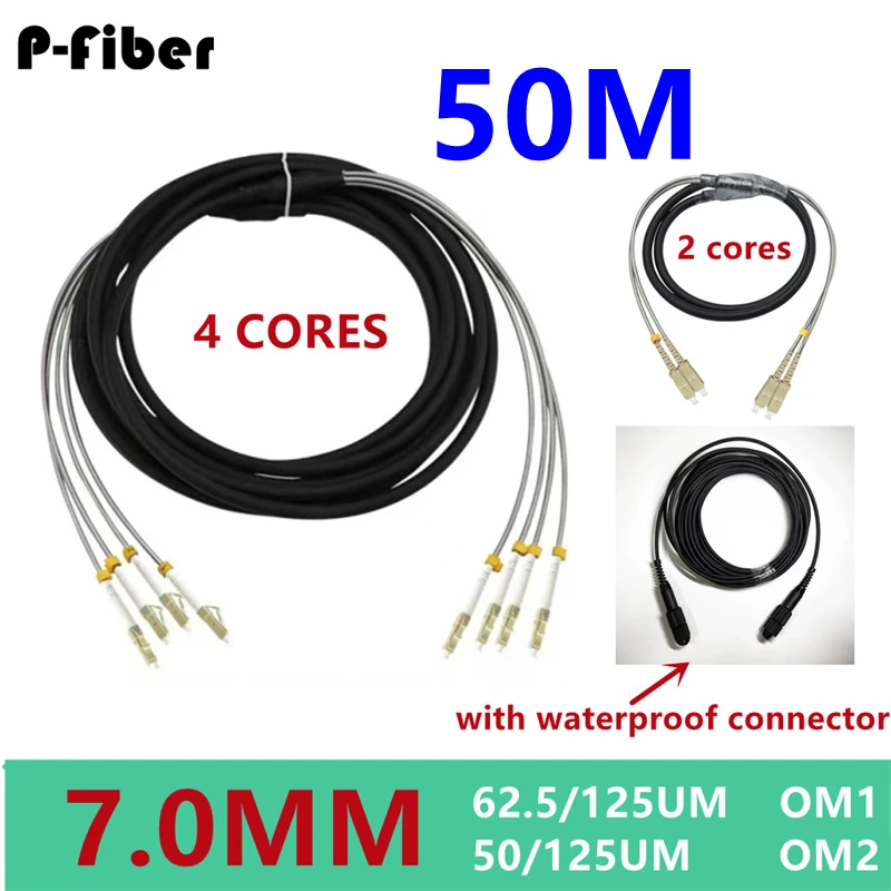 outdoor patchcord 50m 2/4 cores 7.0mm 2C 4C OM1 OM2 CPRI LC SC FC DVI waterproof FTTH jumper optical fiber armored cable 2 core