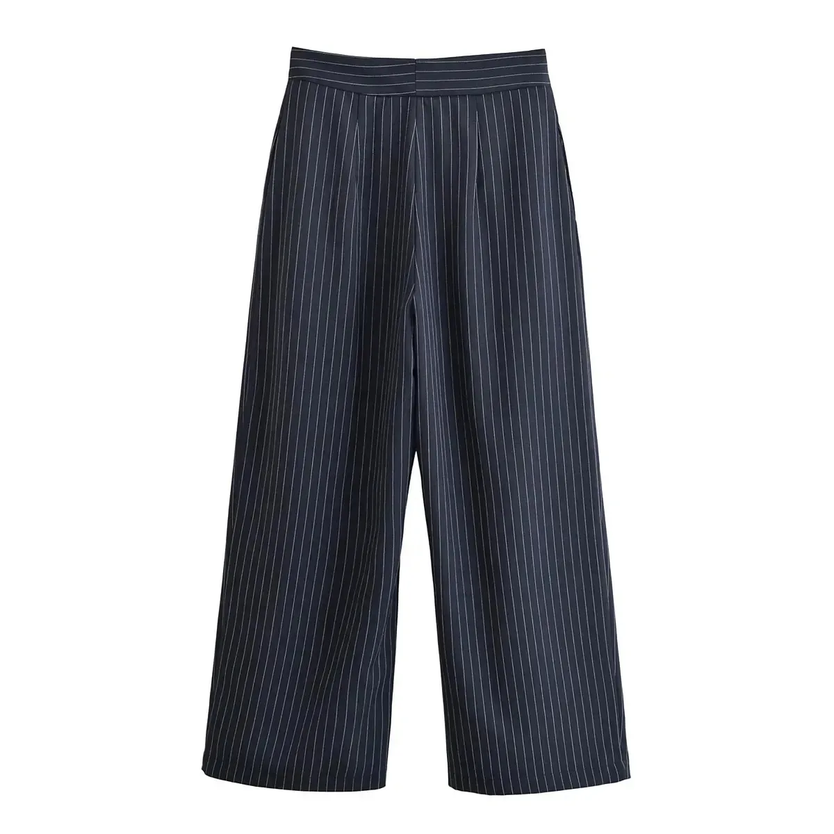 HH Women Autumn Fashion Vintage Wide-leg Long Pants Female High Waist Striped Pleated Pocket Design Loose Casual Trousers