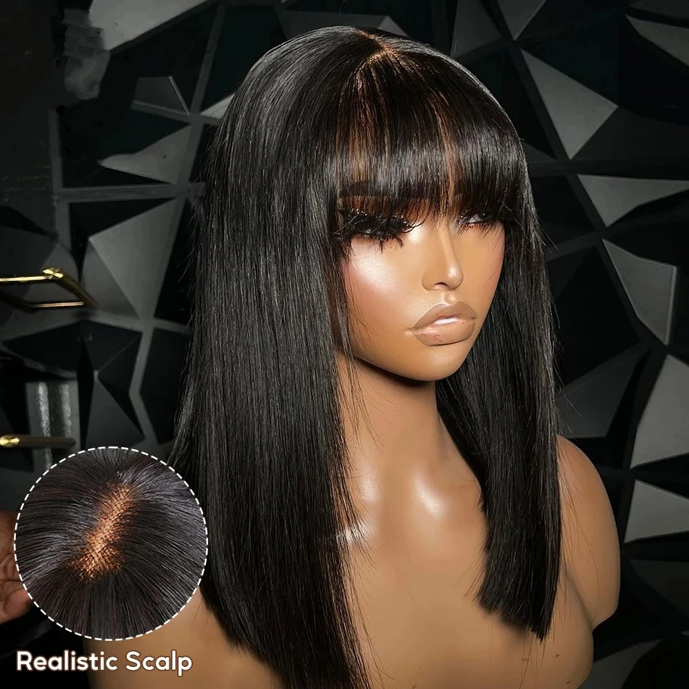 Bone Straight Short Bob Wig With Bangs Brazilian Remy Hair 3x1 Lace Middle Part Wig 100% Human Hair For Black Women Cheap Wigs