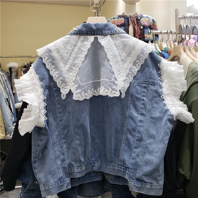 Damska kamizelka jeansowa na wiosnę i jesień, ciężka, zdobiona koralikami, z koronkowymi wstawkami, niebieska, krótka, luźna, codzienna, zapinana na jeden guzik, bez rękawów.