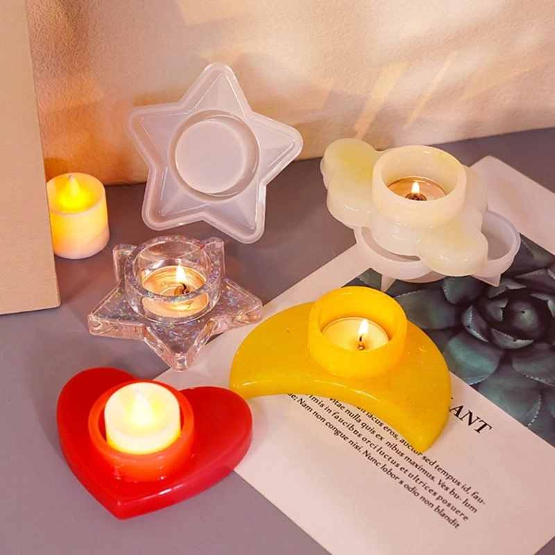 Round Heart Star Moon Candlestick Silicone Mold Candle Holder Mold DIY Table Ornament Tool Plaster Making Supplies Home Decor