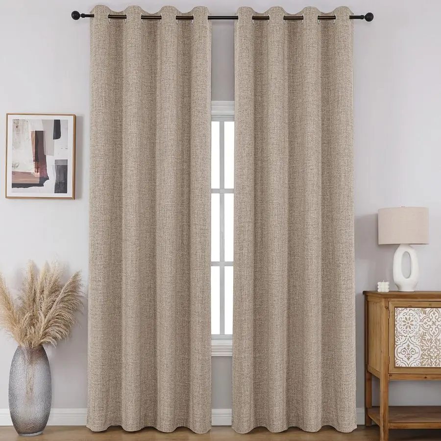 

100 Blackout Curtains 96 inches Long 2 Panels Set, Faux Linen Room Darkening Long Drapes With Grommet, Thermal Insulated Black O