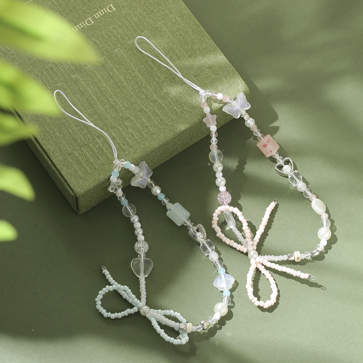 2pcs Bowknot Butterfly Heart Cellphone Lanyard Phone Chains For Women Girls Sweet Pearl phone Charm Strap Anti-lost Accessories
