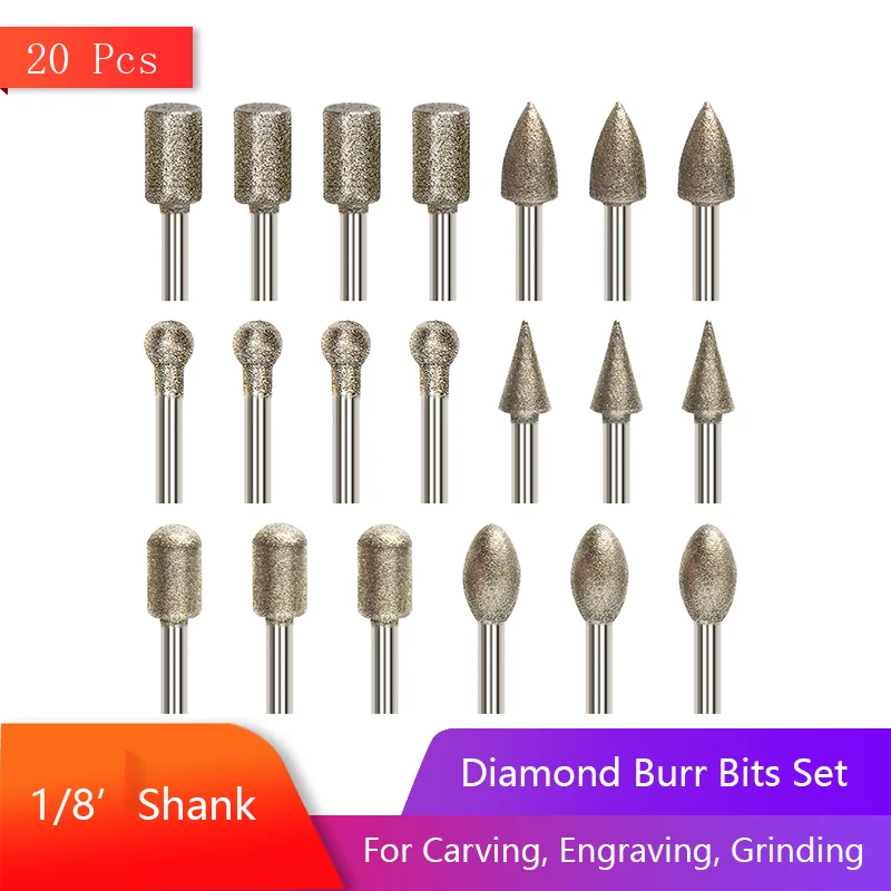 Diamond Burr Bits Set 20 Pcs Polishing Kits Rotary Tools Accessories with 1/8’ Shank For Carving Engraving Grinding Polishing