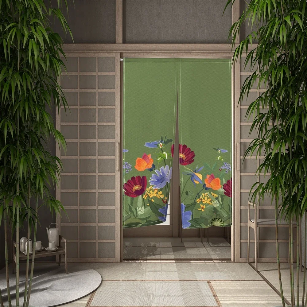 Floral Door Curtain Flower Japanese Half Hanging Curtain Cafe Bathroom Kitchen Entrance Partition Door Curtain Noren Decoration