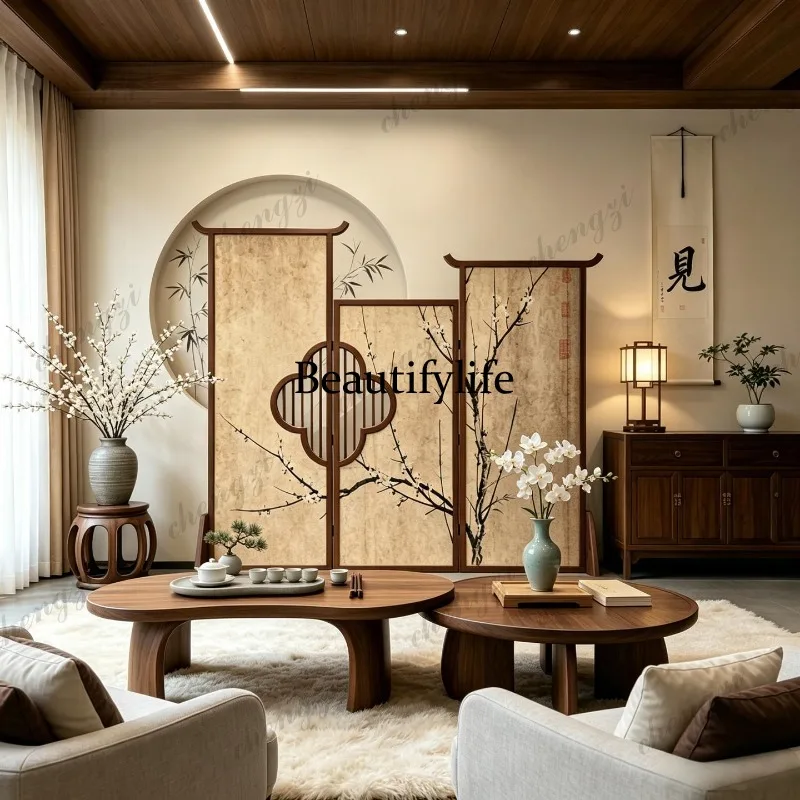 H134 plum blossom seat screen living room tea room partition solid wood folding screen decoration