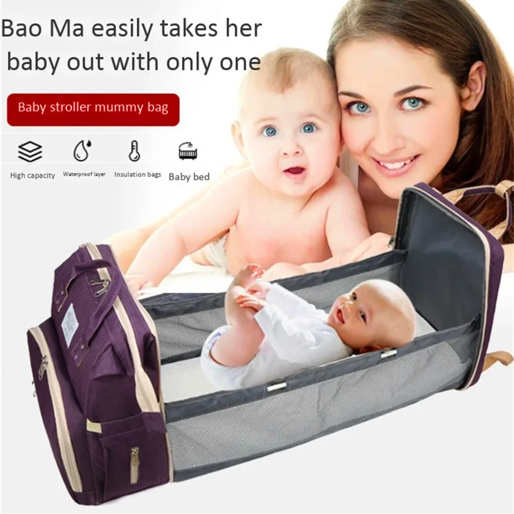 With awning lying backpack crib mummy bag USB charging thermal insulation large capacity mother baby hangbag travel folding bed